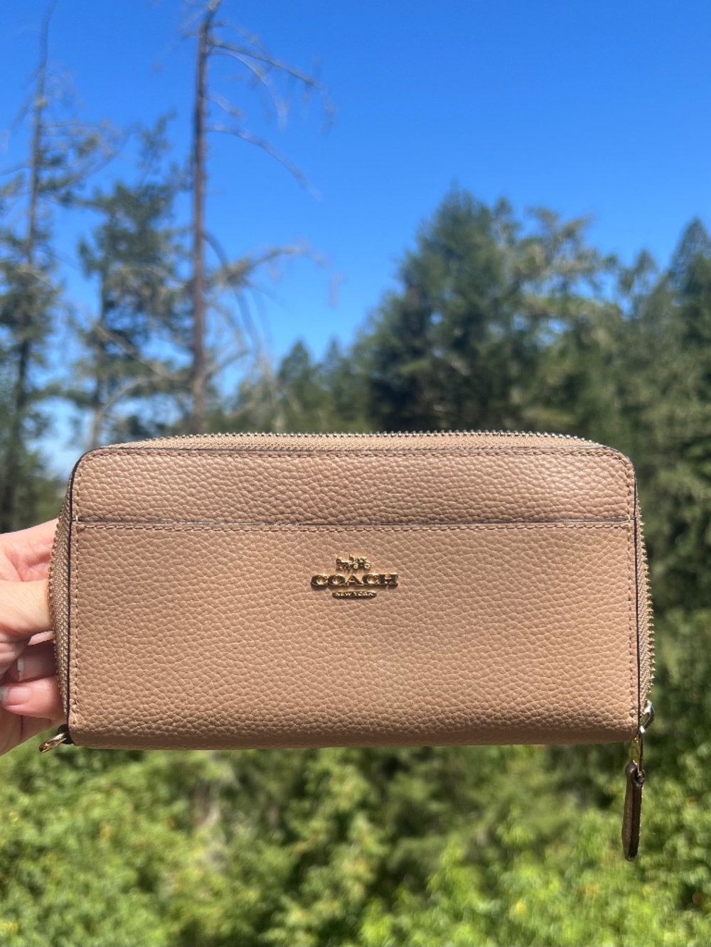 COACH Long Zip-Around Wallet Taupe/BeigePebble Leather Wallet Gold Hardware